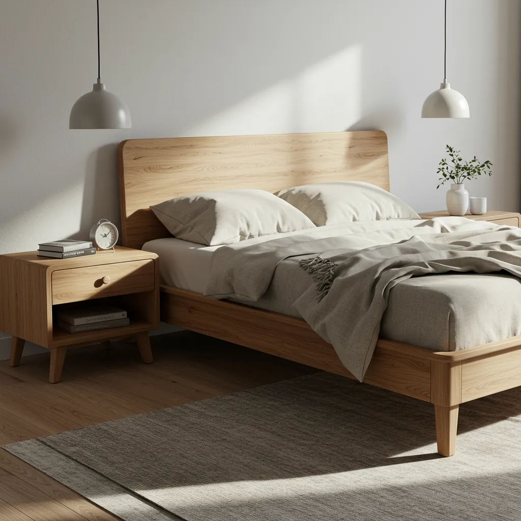 Chambre à coucher meublée d'un lit et d'une table de chevet en chêne massif dans un style minimaliste et naturel