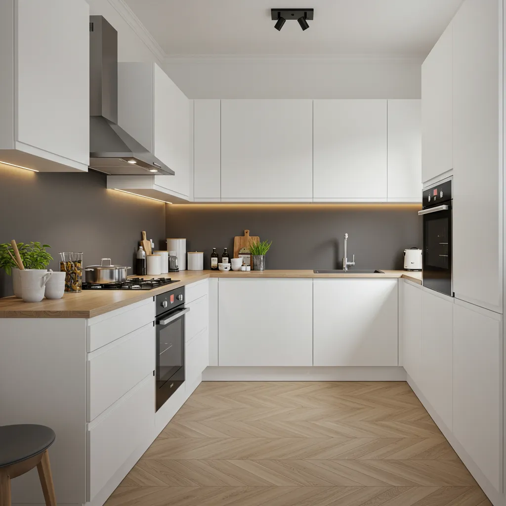 Cuisine linéaire moderne avec façades blanches et plan de travail en bois clair, représentant une configuration milieu de gamme