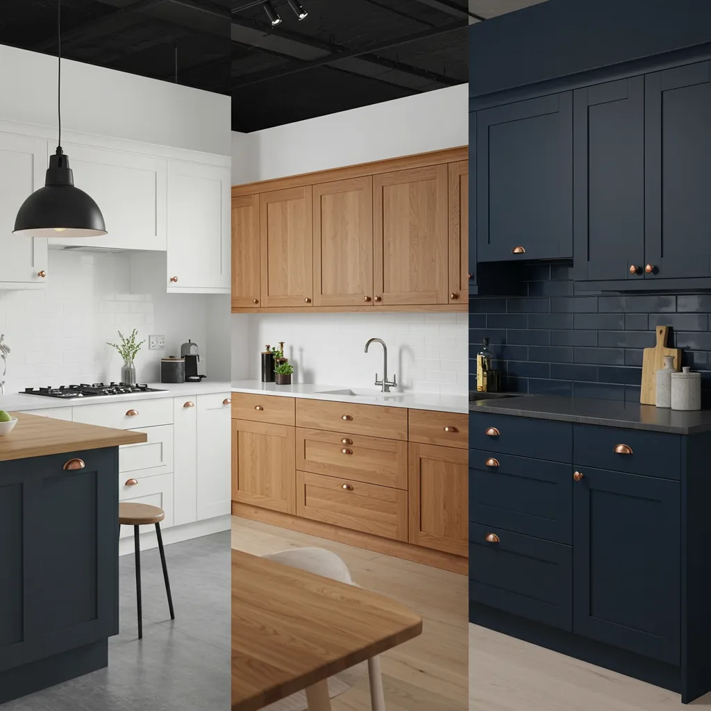 Comparaison de trois styles de cuisines équipées en showroom, illustrant les différentes gammes et esthétiques disponibles chez les enseignes concurrentes