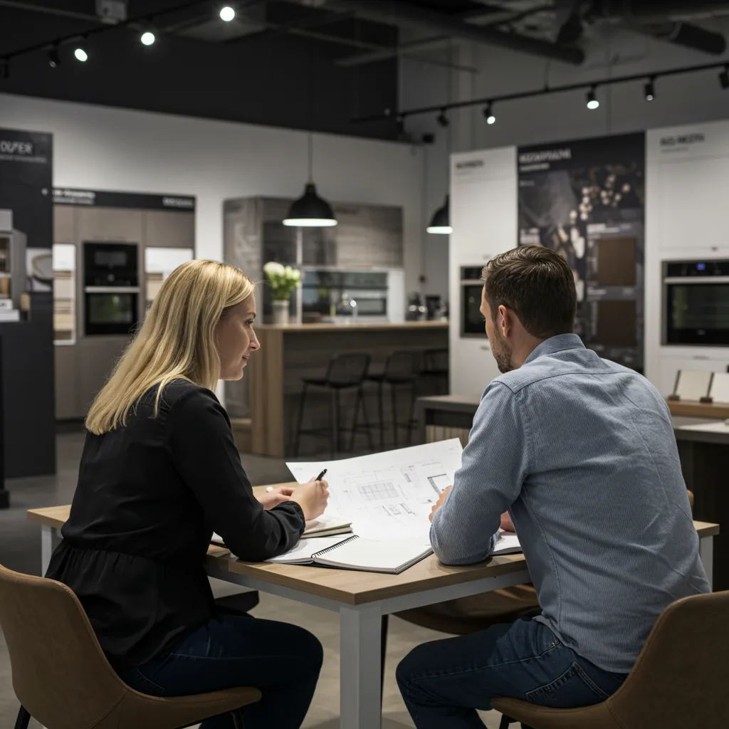 Consultation en showroom de cuisine, avec des clients examinant des plans et des échantillons de matériaux avant de signer un devis