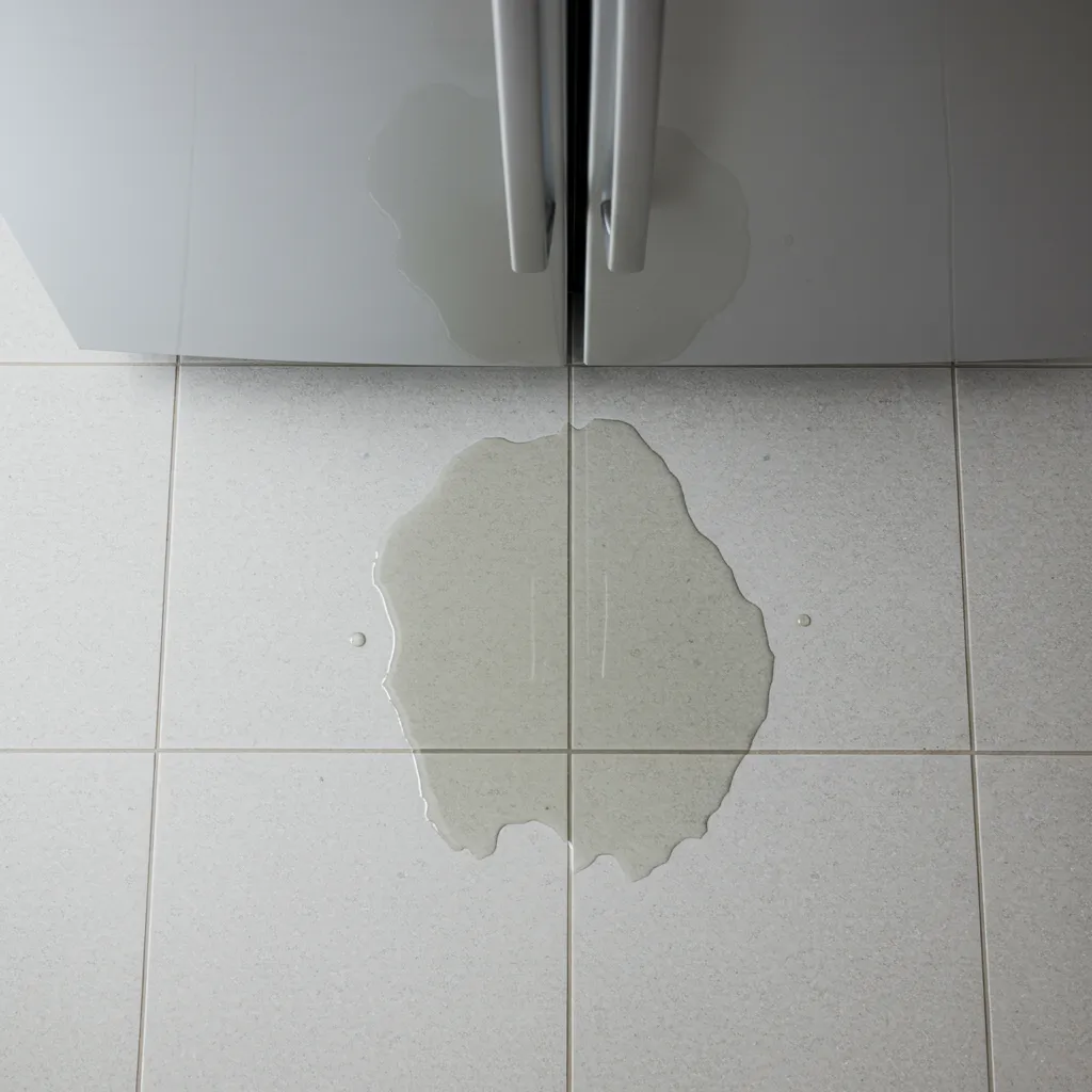 Flaque d'eau sur le carrelage de cuisine sous un réfrigérateur, signe d'un bac de récupération plein ou débordant