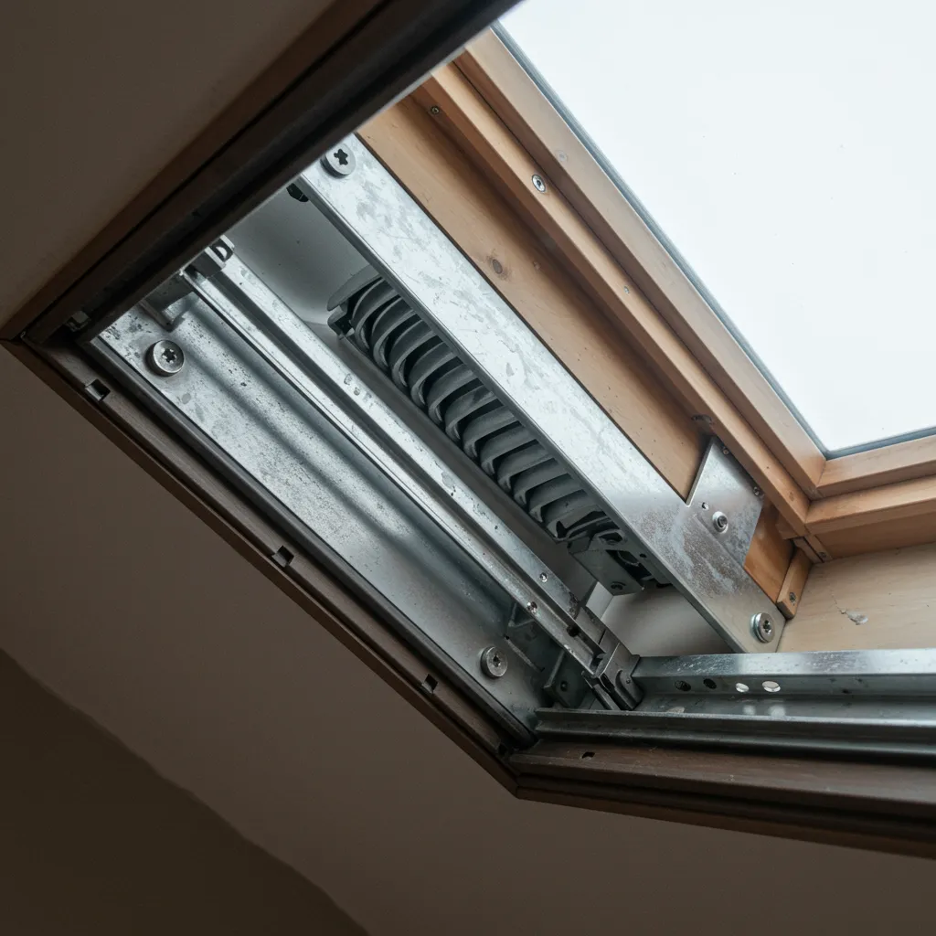 Inspection rapprochée du mécanisme de clapet de ventilation Velux bloqué ouvert, rails et articulations visibles