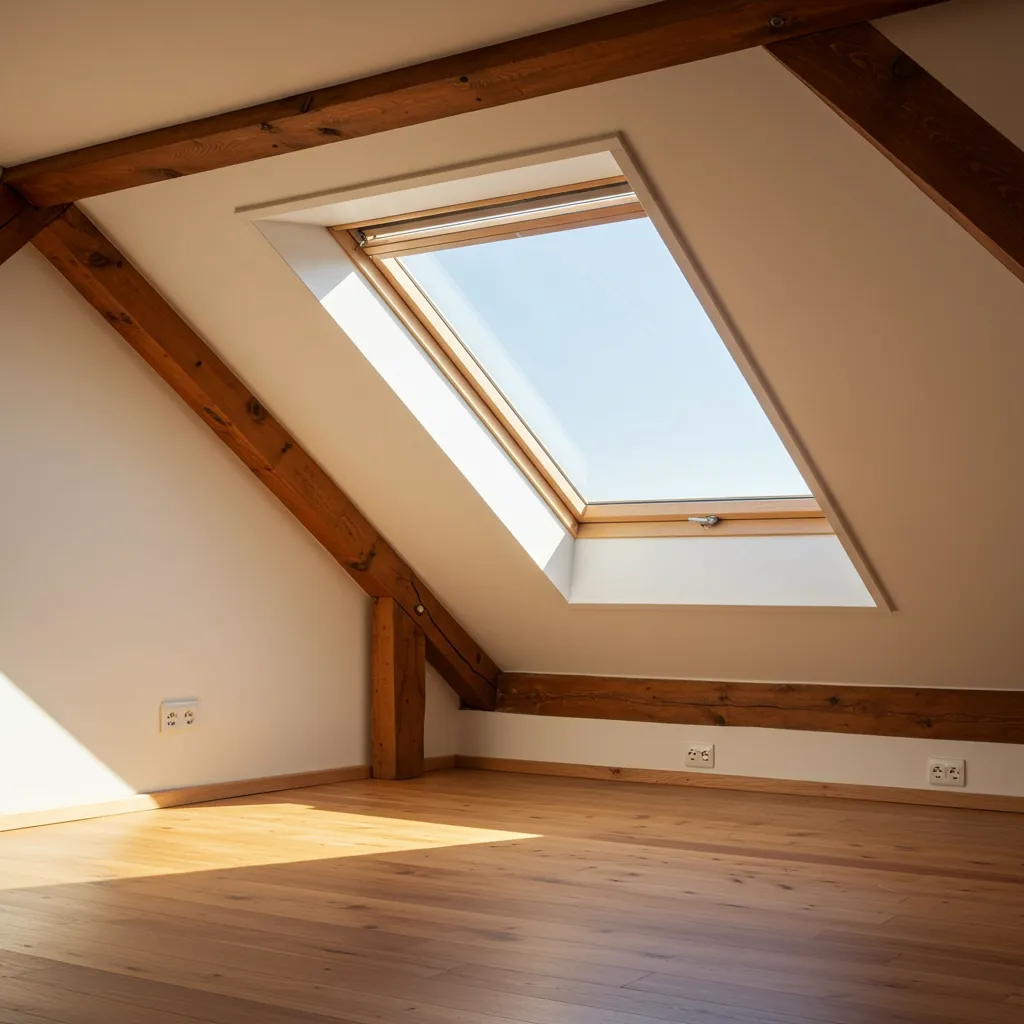 Velux bien entretenu dans une pièce sous les combles lumineuse, clapet fermé et isolation préservée