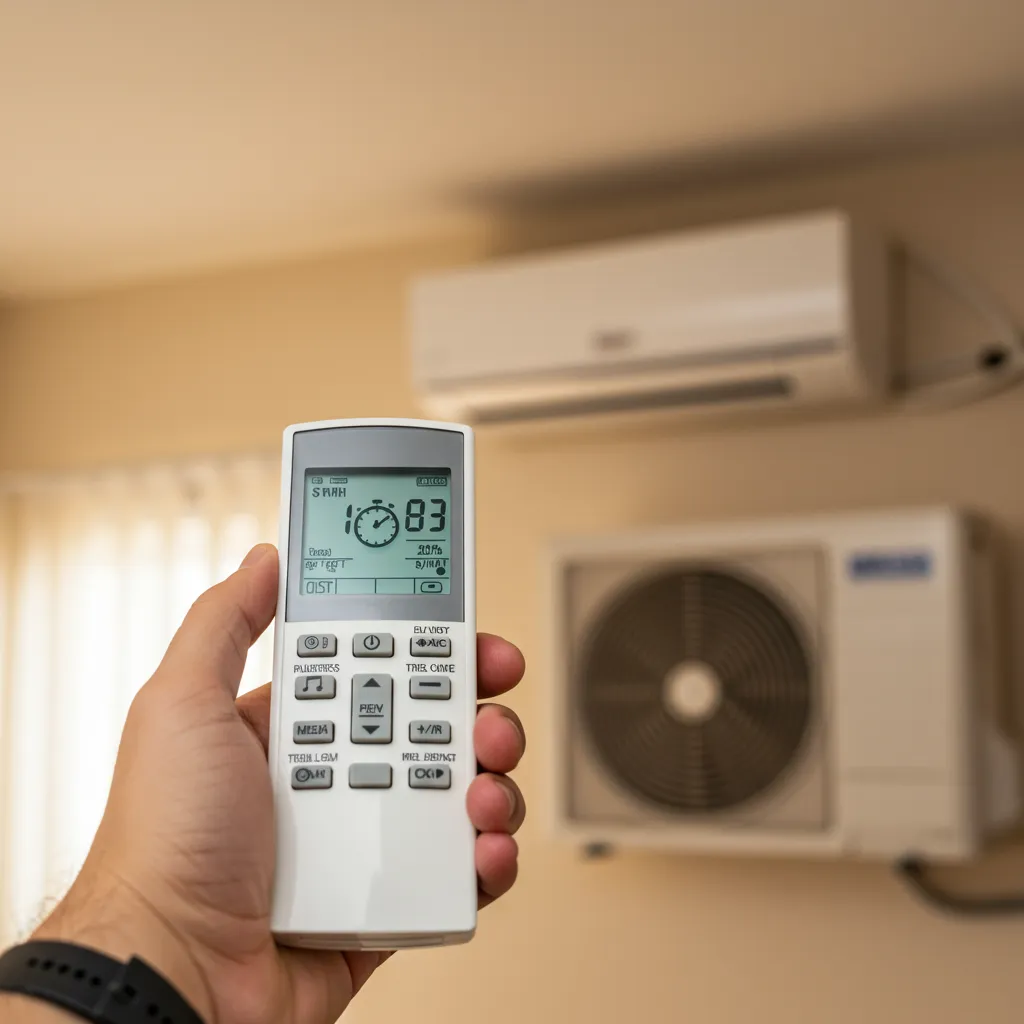 Télécommande de climatisation Hitachi tenue en main pour vérifier la programmation du Timer