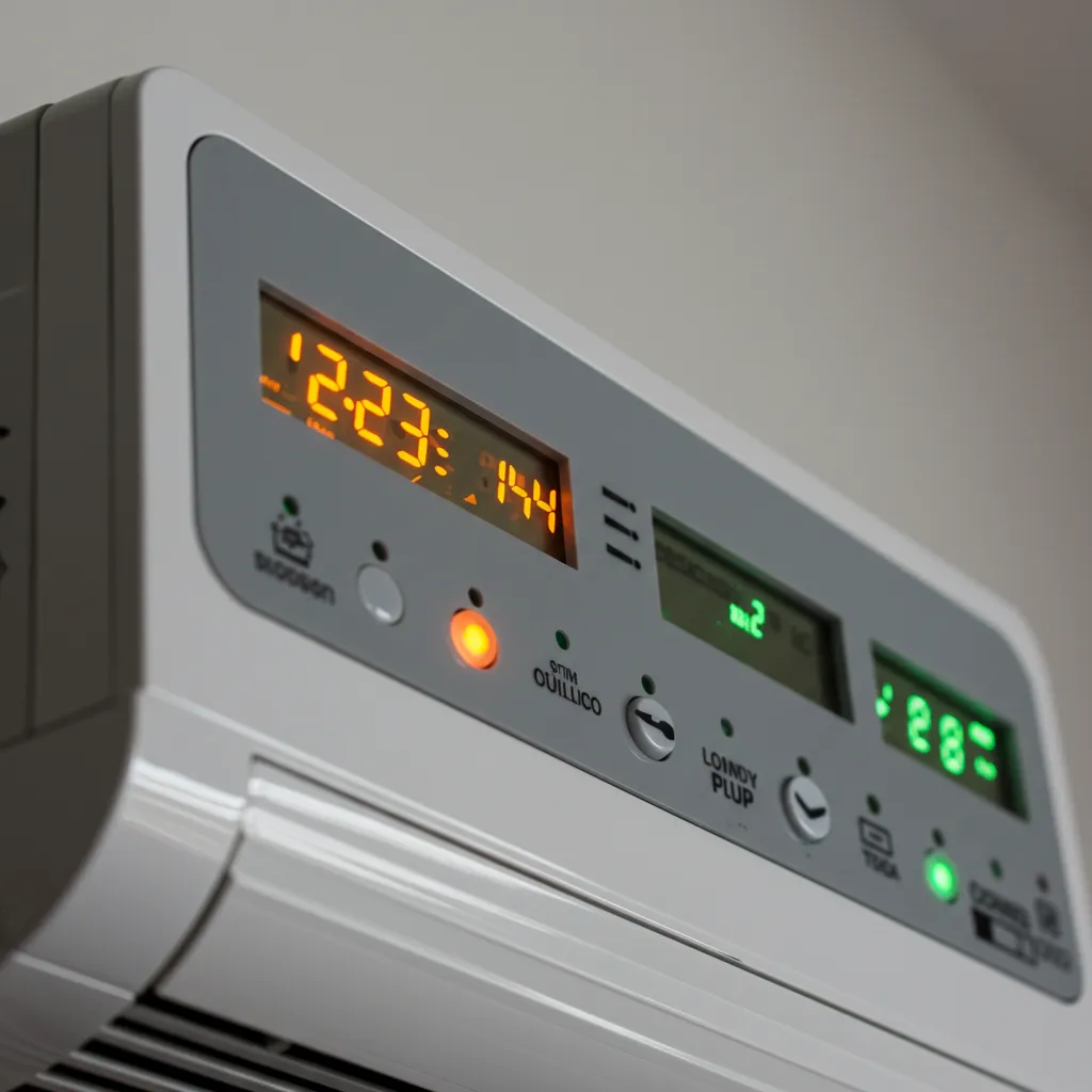 Gros plan sur les voyants LED d'une unité intérieure de climatisation montrant les indicateurs lumineux orange