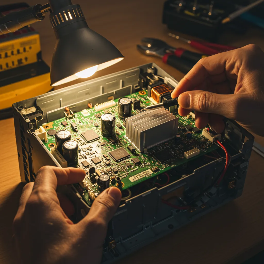Technicien inspectant la carte électronique d'une unité intérieure de climatisation pour diagnostiquer un défaut de communication