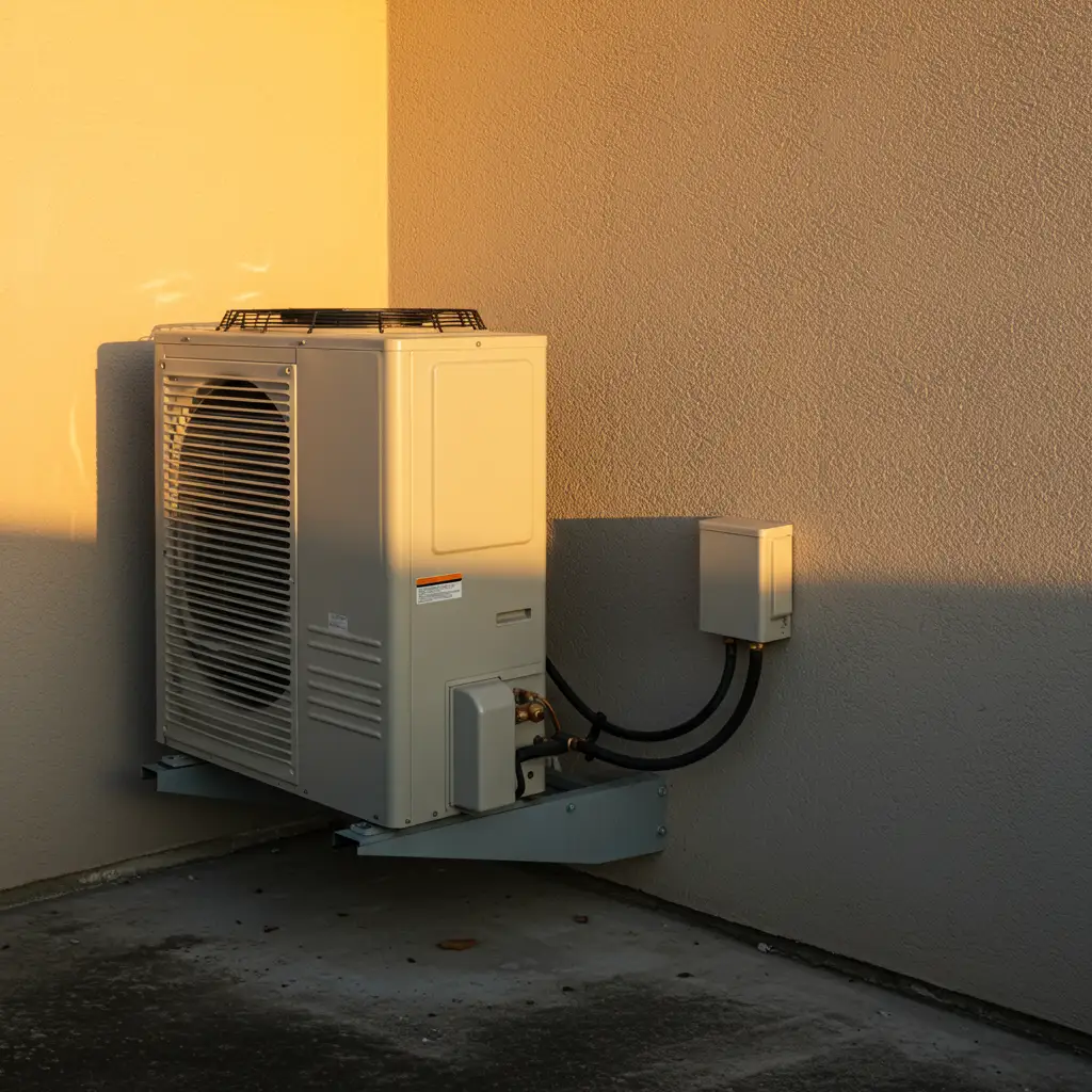 Unité extérieure de climatisation installée sur une façade résidentielle en lumière naturelle