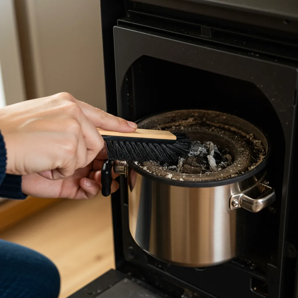 Nettoyage du creuset d'un poêle à granulés lors d'une procédure de dépannage E01