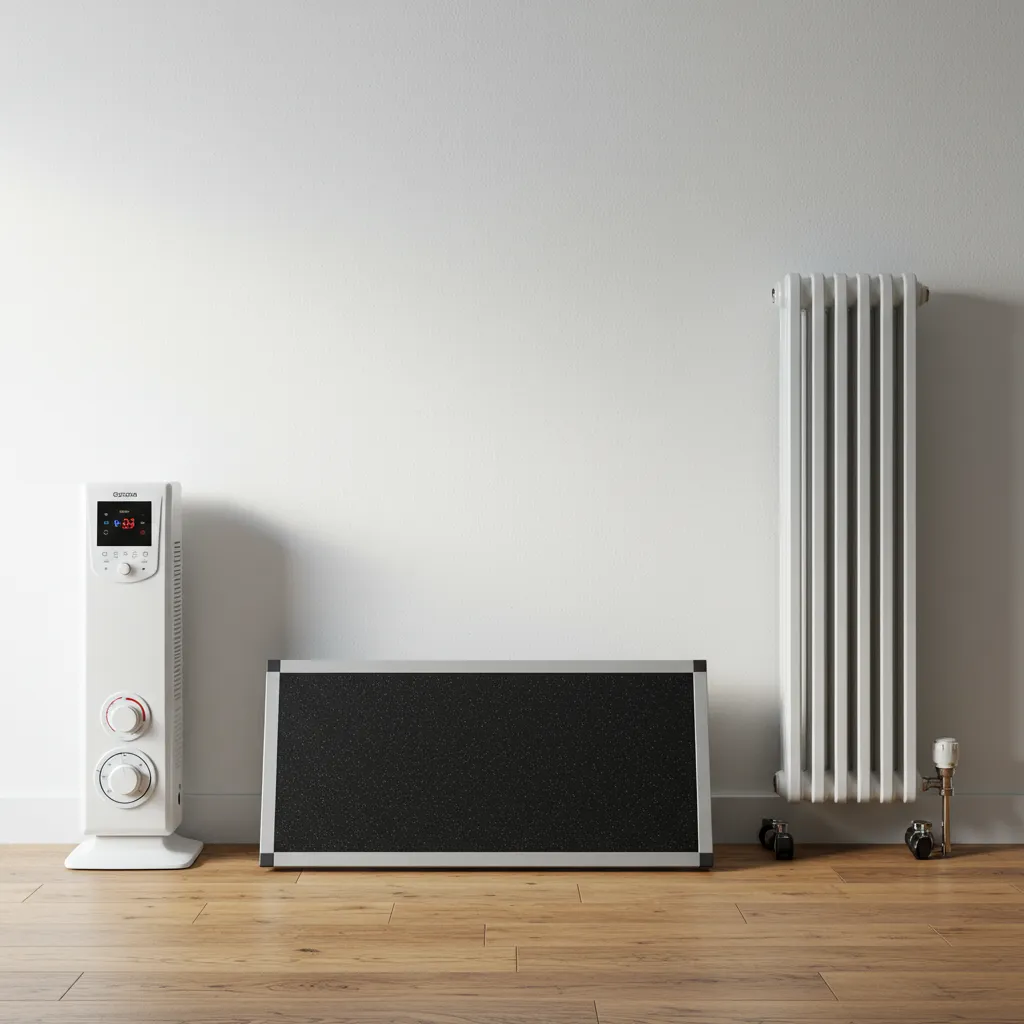 Comparaison de trois types de radiateurs électriques : convecteur, panneau rayonnant et radiateur à inertie pour une pièce de 20 m²