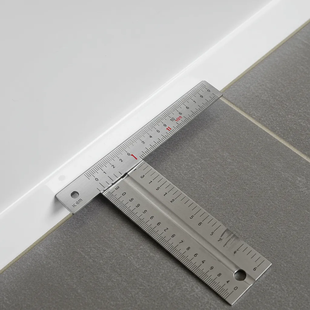 Mesure précise du vide entre le bord d'un receveur de douche et le carrelage du sol avec une règle graduée