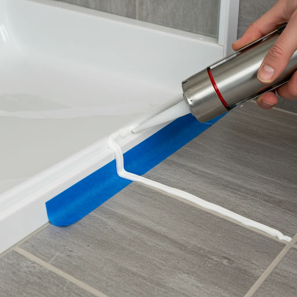 Application d'un cordon de silicone sanitaire entre un receveur de douche et le carrelage avec du ruban de masquage