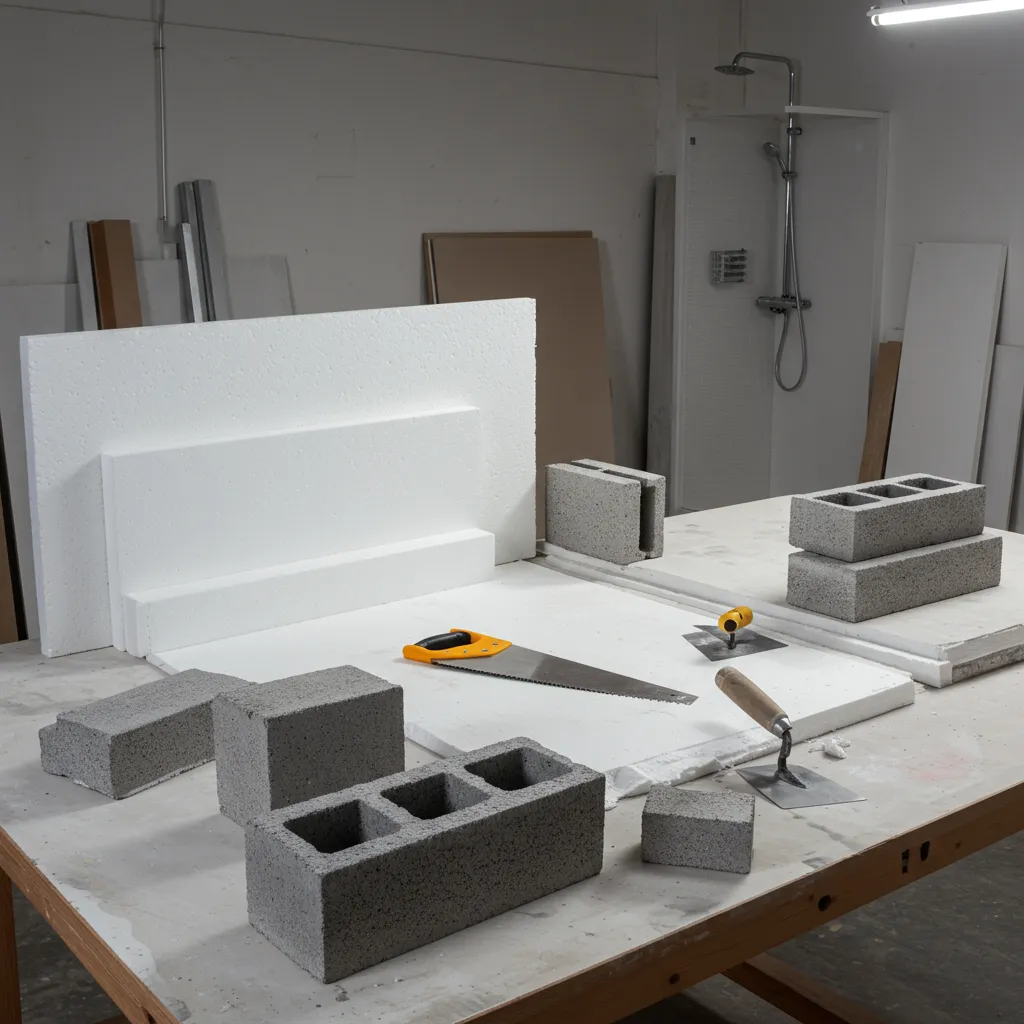 Matériaux rigides pour combler un grand espace sous receveur de douche : blocs de béton cellulaire et panneaux de polystyrène extrudé