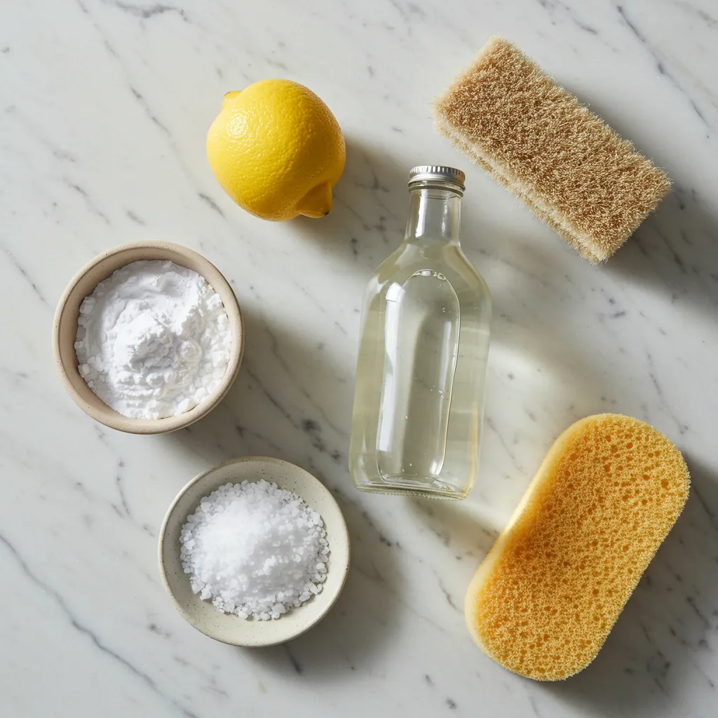 Ingrédients naturels pour nettoyer la rouille d'un four : bicarbonate de soude, vinaigre blanc, gros sel, citron et éponge douce