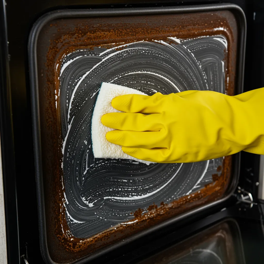Application d'une pâte de bicarbonate de soude sur les zones rouillées d'un four avec une éponge non abrasive