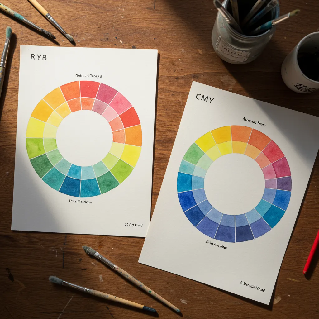 Comparaison visuelle des deux modèles de couleurs RJB et CMJ représentés par des cercles chromatiques peints