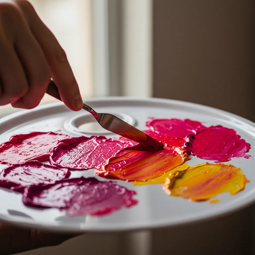 Mélange de peinture magenta et jaune sur une palette pour obtenir du rouge vif