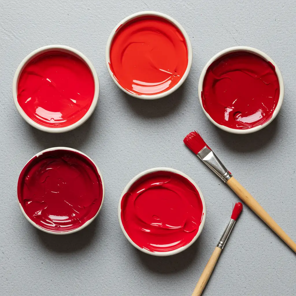Cinq nuances de rouge obtenues par mélange de peinture : rouge vif, vermillon, bordeaux, carmin et écarlate