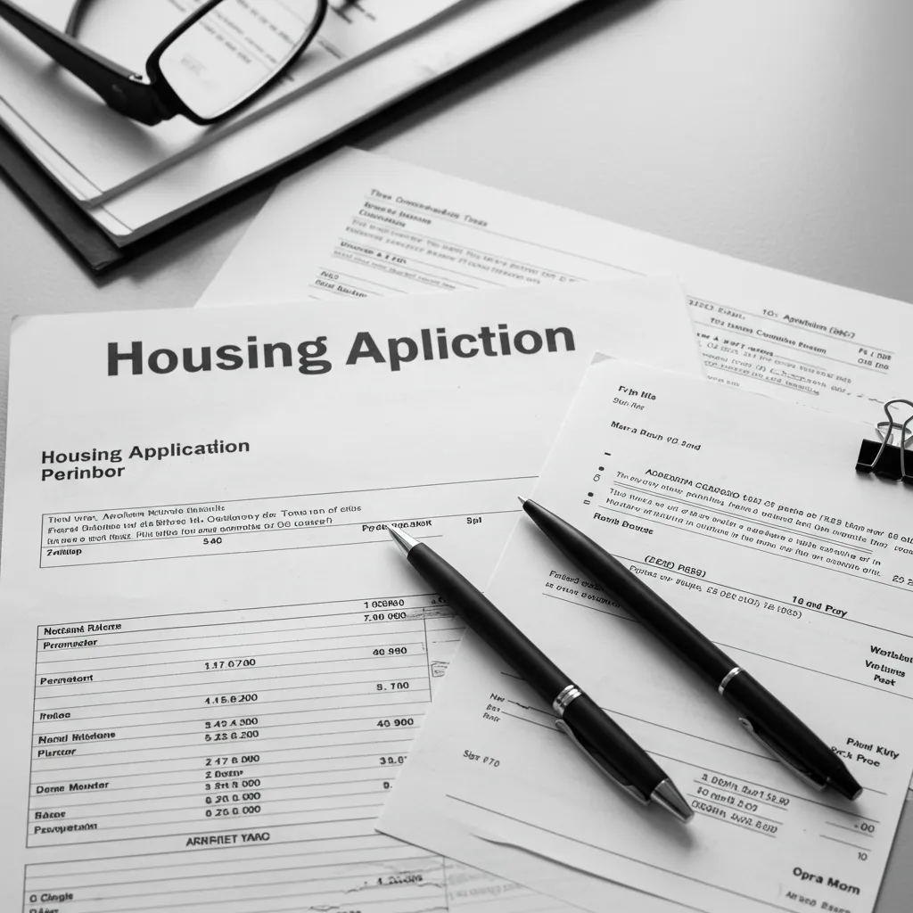 Dossier de demande de logement social organisé sur un bureau avec documents numérotés représentant le processus d'attribution par rang