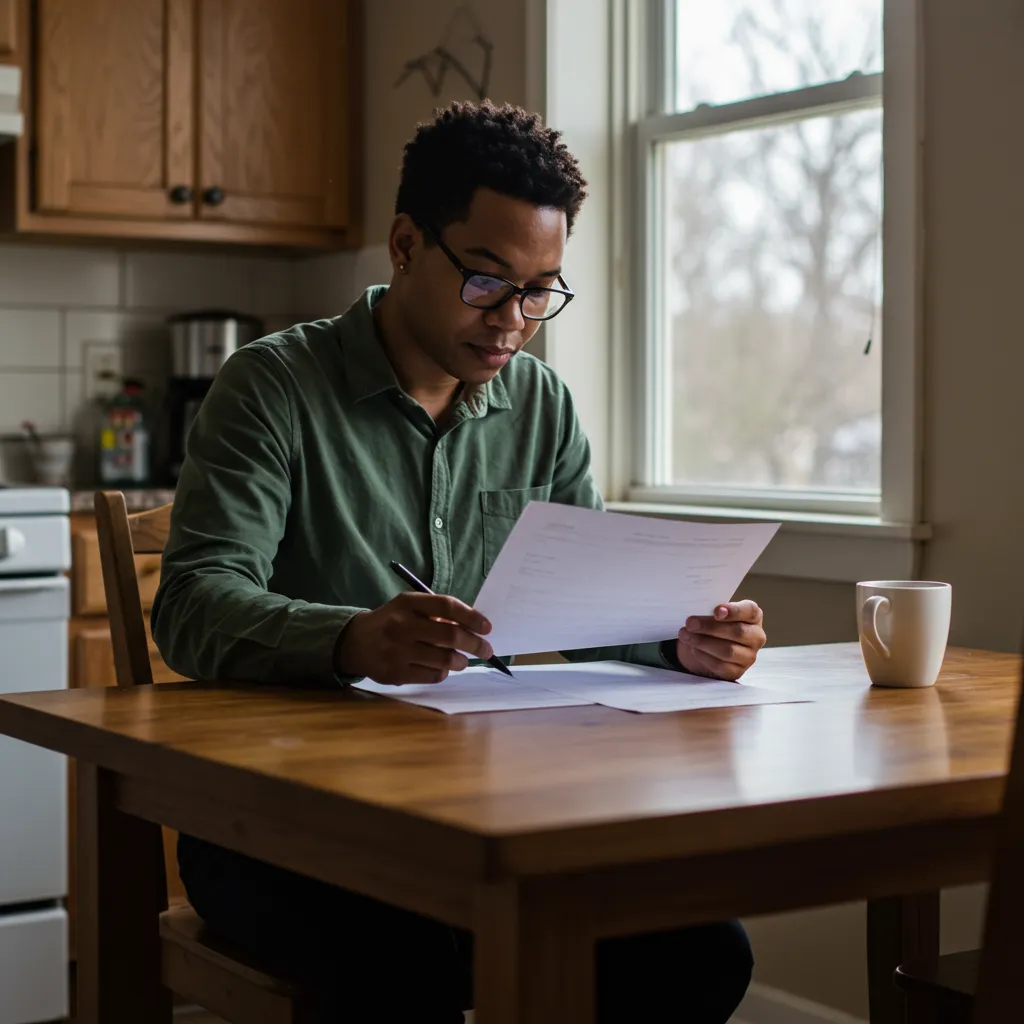 Personne examinant attentivement ses documents de logement social à son domicile, illustrant la vigilance face à une proposition d'attribution