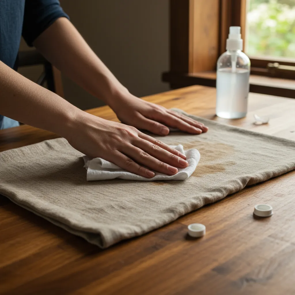 Mains appliquant un détachant liquide sur un chiffon propre pour traiter une tache sur un tissu beige, technique du tampon du centre vers l'extérieur