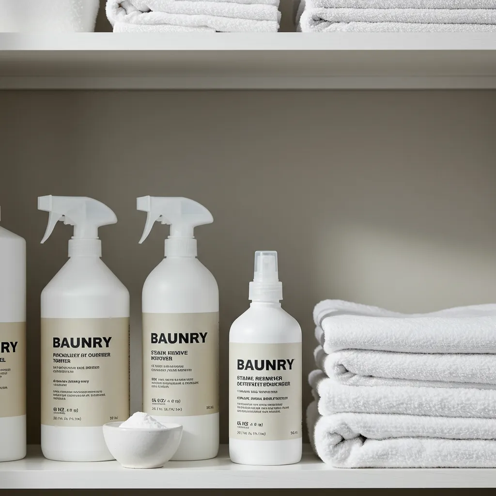 Étagère de buanderie organisée avec plusieurs alternatives de détachants en flacons et spray, illustrant les options disponibles face à l'eau écarlate
