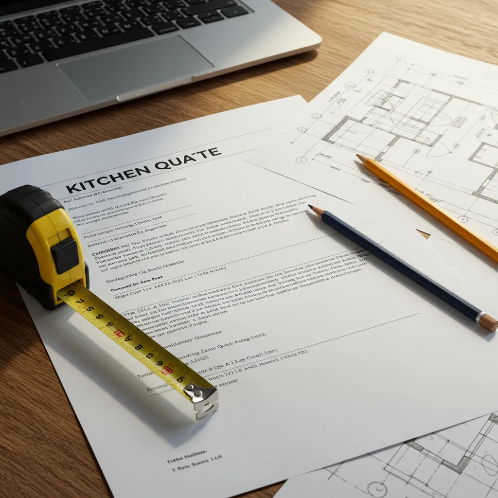 Devis cuisine sur mesure posé sur un bureau avec mètre ruban et plan d'implantation pour vérification des détails