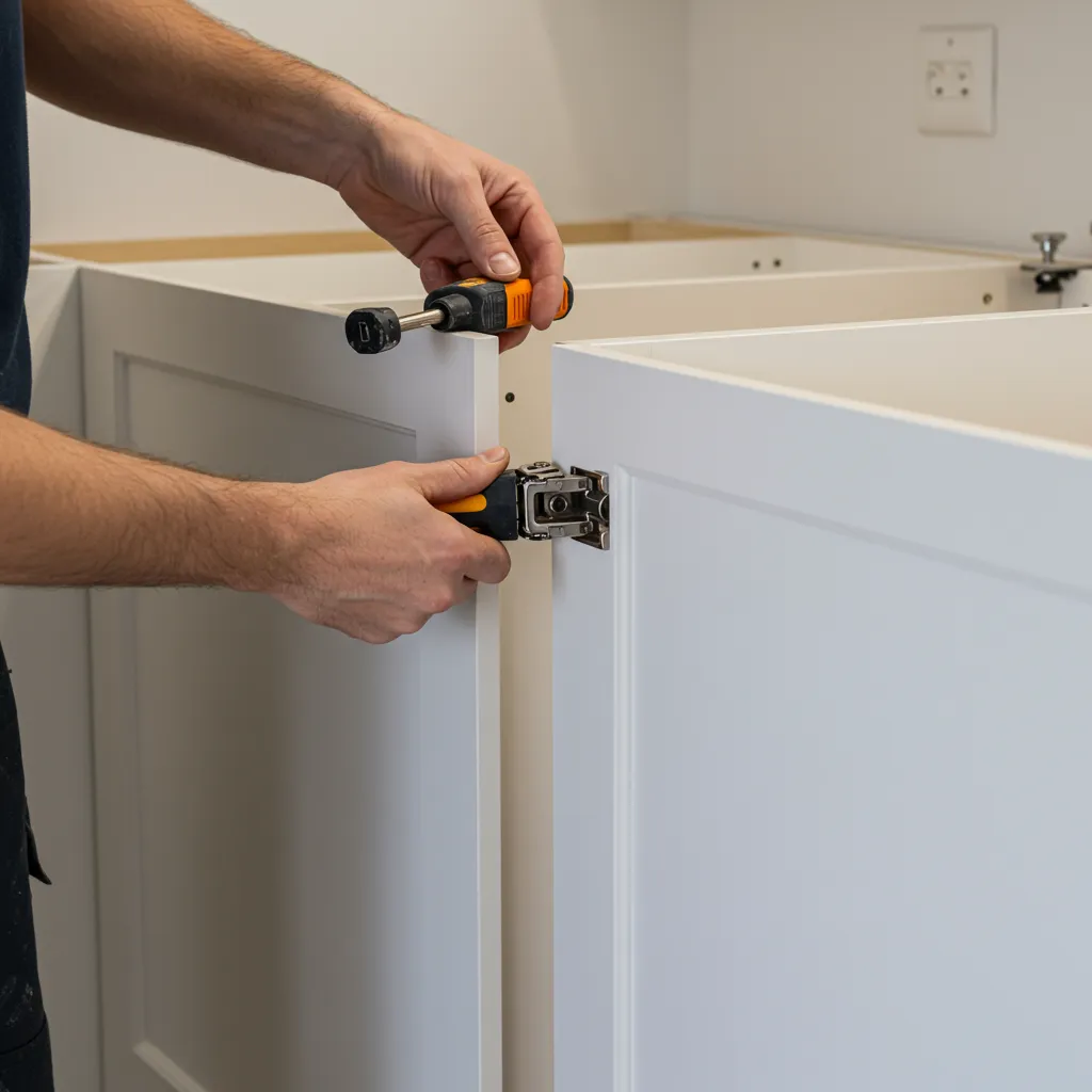 Pose de cuisine équipée sur mesure avec réglage des charnières et coulisses de tiroirs lors de l'installation