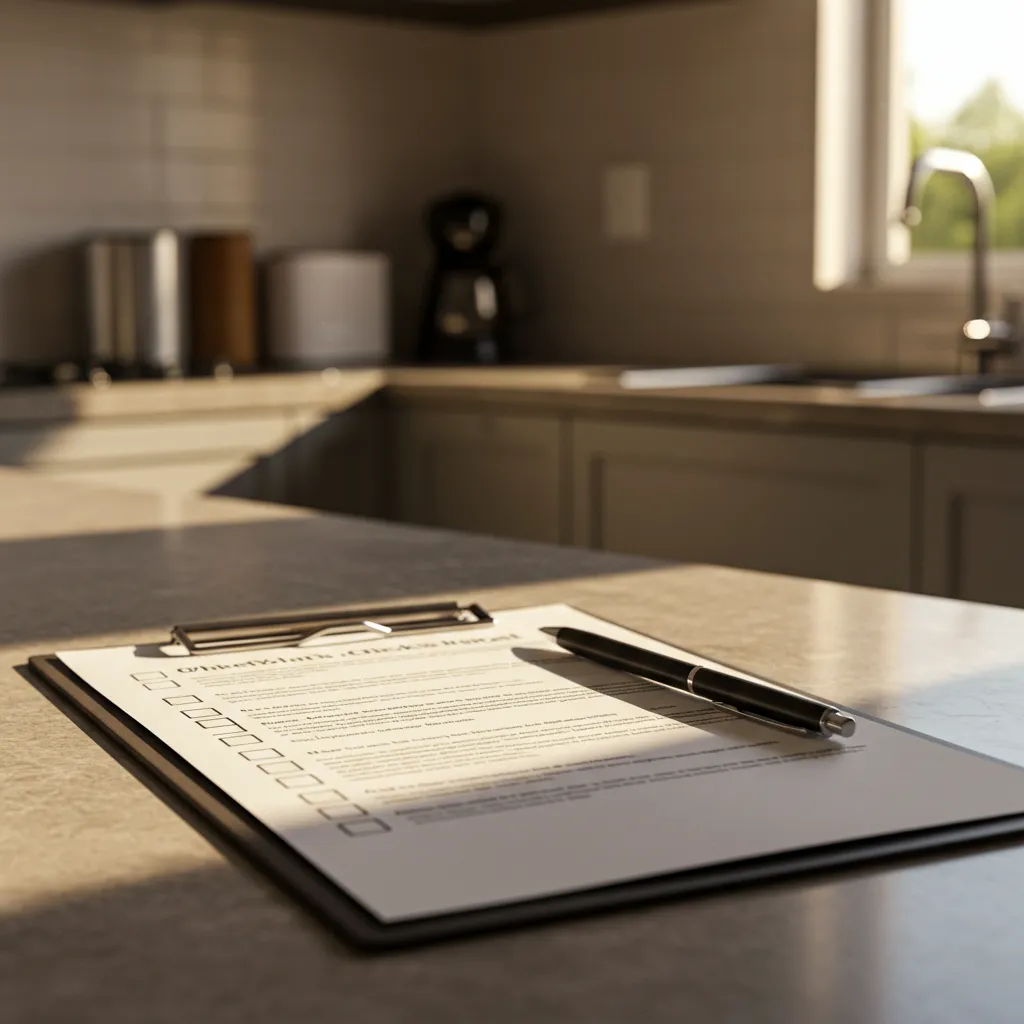 Checklist de vérification avant signature d'un devis cuisine posée sur un plan de travail avec stylo