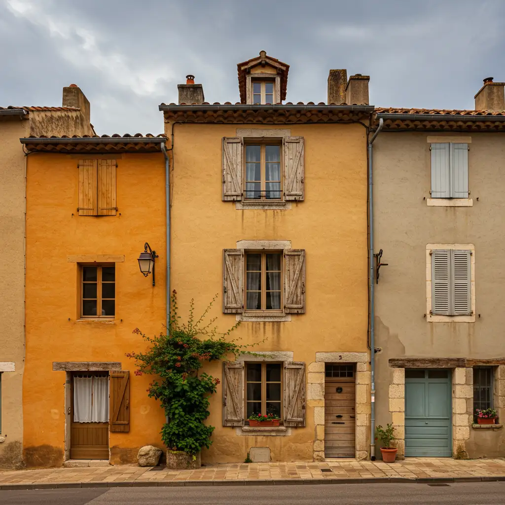 Rangée de maisons françaises traditionnelles avec façades aux couleurs variées, ocre, beige et greige, typiques des tendances régionales