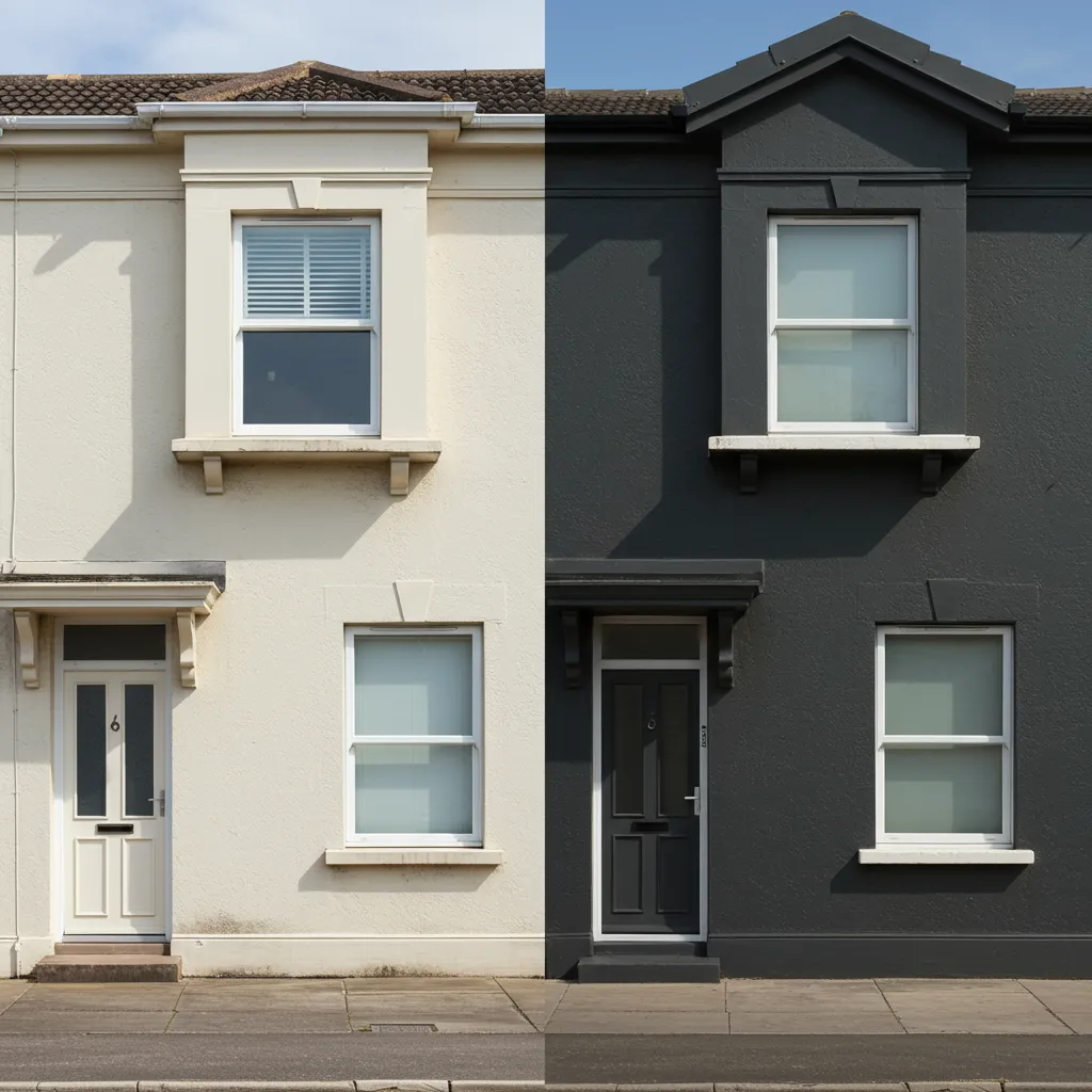 Comparaison de deux façades de maison, l'une en teinte claire crème et l'autre en gris foncé, illustrant les effets du vieillissement et de l'exposition solaire