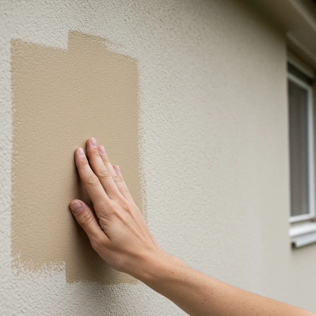 Test de couleur façade grandeur nature sur un mur extérieur en enduit, avec un échantillon de teinte greige appliqué directement sur la surface