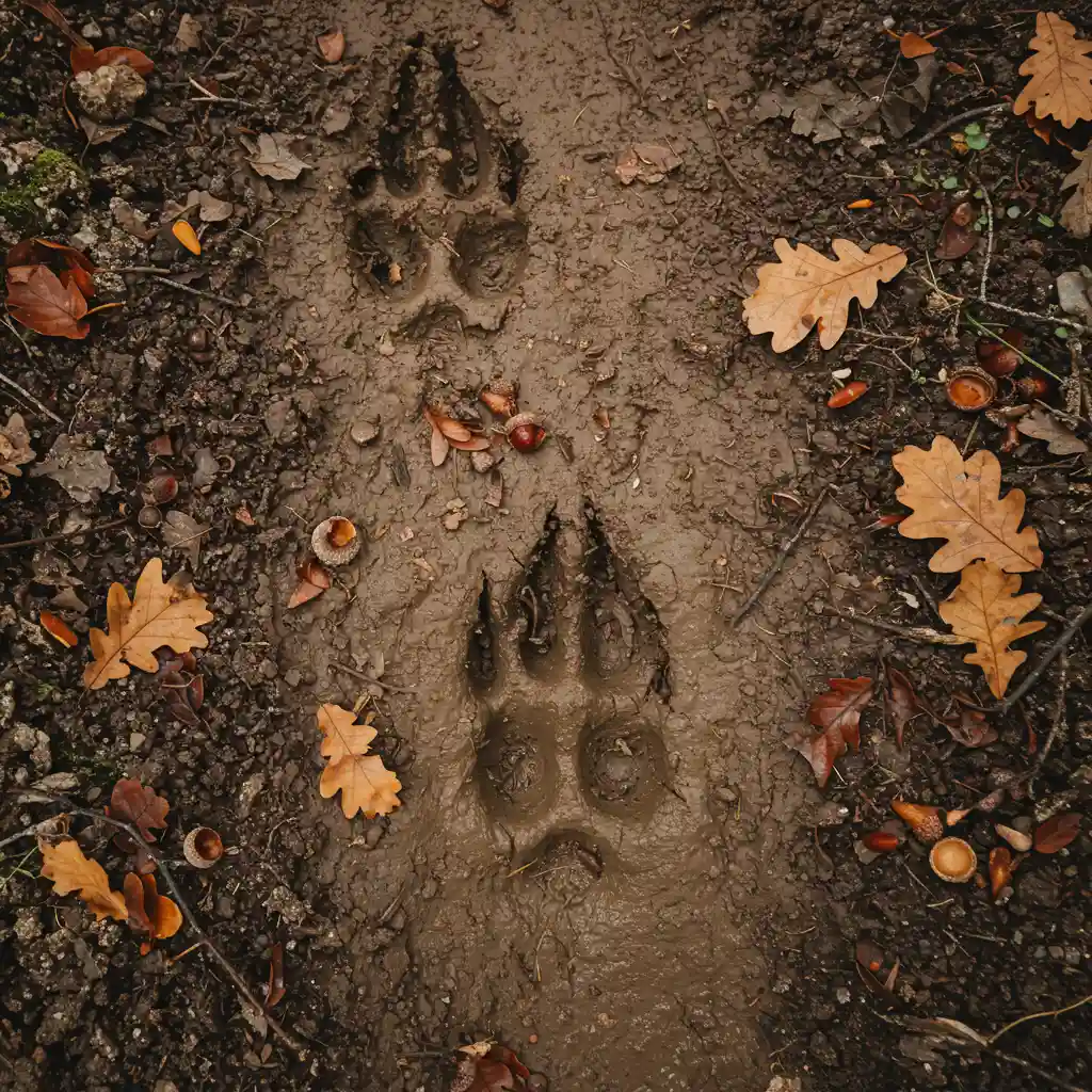 Empreintes de sanglier dans la boue d'un sentier forestier, montrant les deux doigts principaux et les ergots caractéristiques