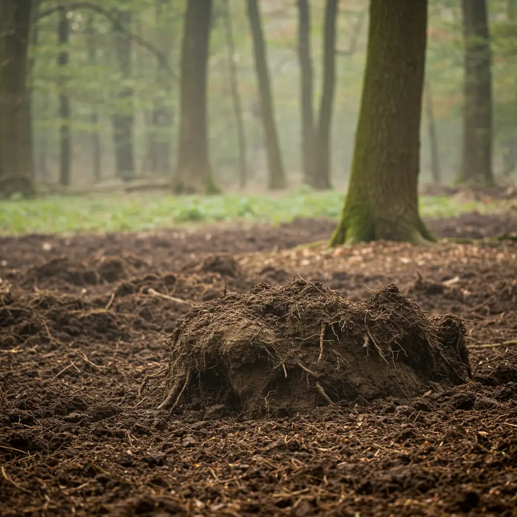 Indices de présence de sanglier en forêt : sol retourné par le boutis et frottis de boue sur un tronc d'arbre