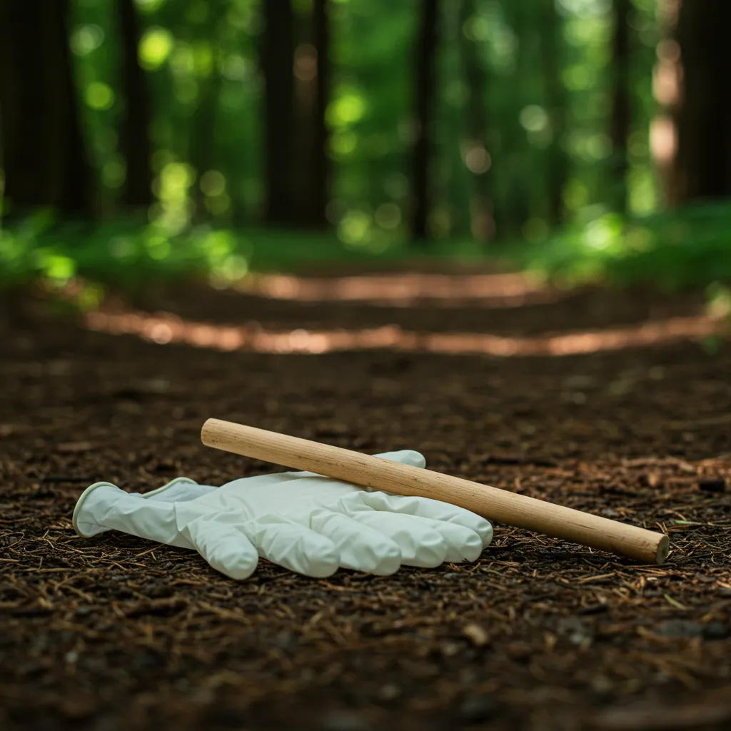 Gants de protection et bâton posés sur un sentier forestier, symbolisant les précautions sanitaires à prendre en forêt
