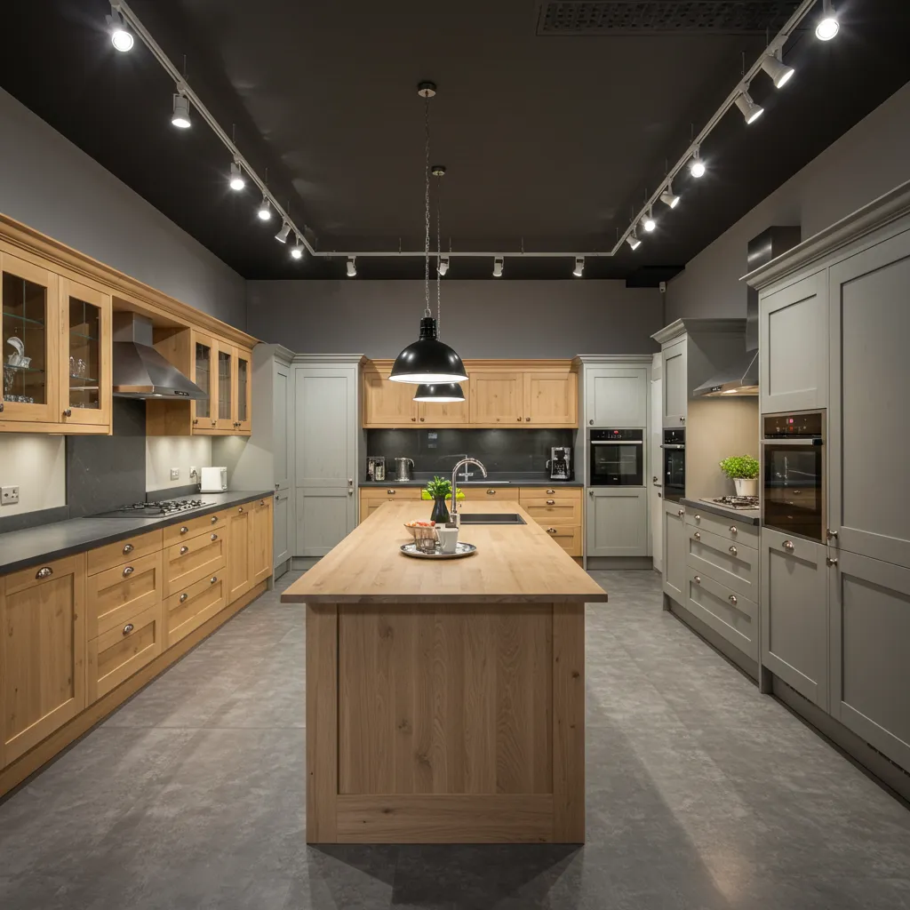 Showroom de cuisines haut de gamme avec plusieurs modèles exposés en chêne et laqué
