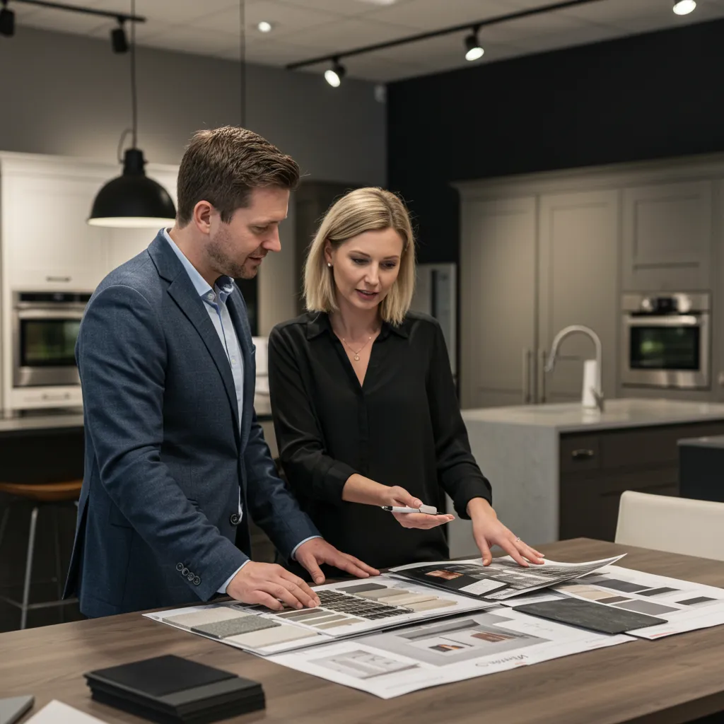 Couple en consultation avec un conseiller cuisine dans un showroom haut de gamme, examinant des échantillons de matériaux