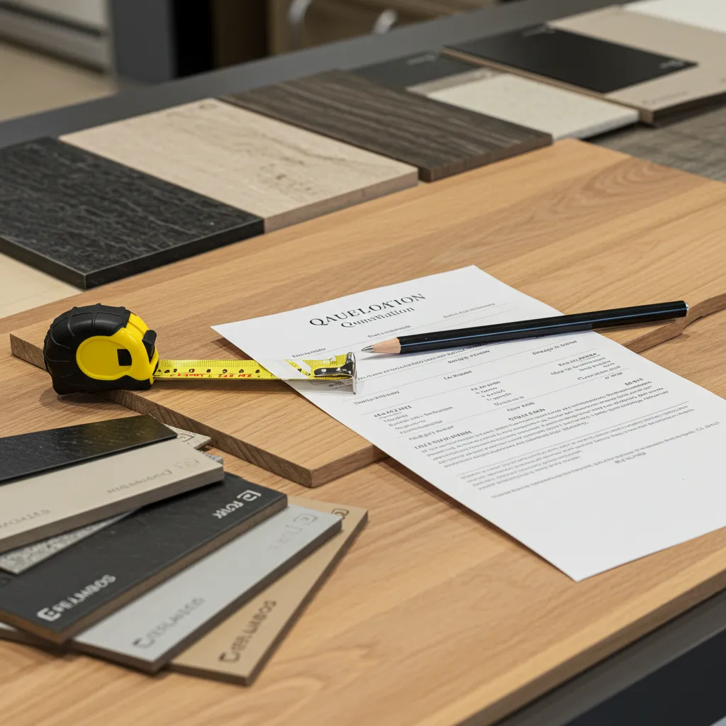 Devis de cuisine posé sur un plan de travail entouré d'échantillons de matières et de finitions lors d'une consultation en magasin