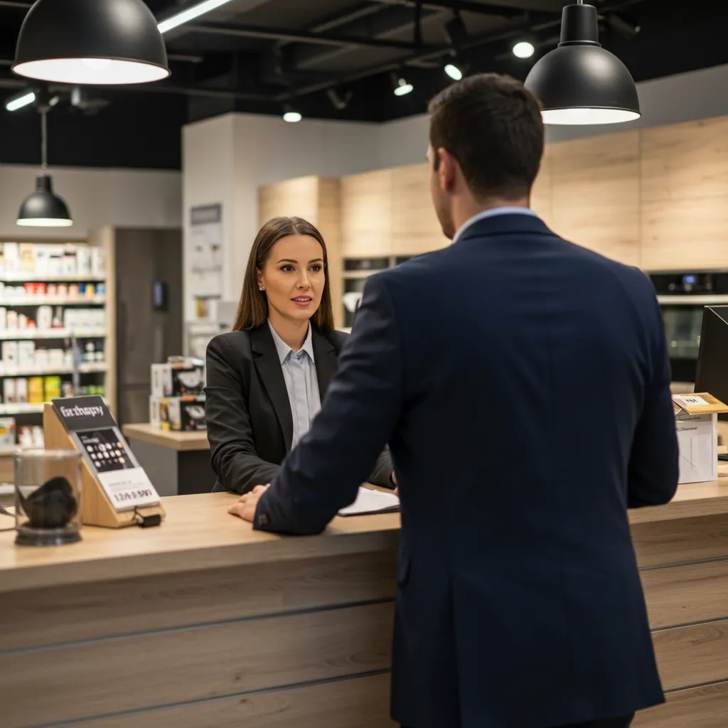 Client de dos face à un conseiller en magasin de cuisine lors d'un échange au service après-vente