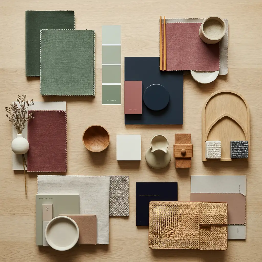 Planche d'inspiration comparant les différents styles de déco chambre adulte avec échantillons de tissus, couleurs et matériaux