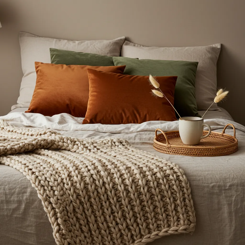 Détail d'un lit cocooning avec textiles superposés en velours, laine bouclette et lin, éclairé par une lampe de chevet tamisée