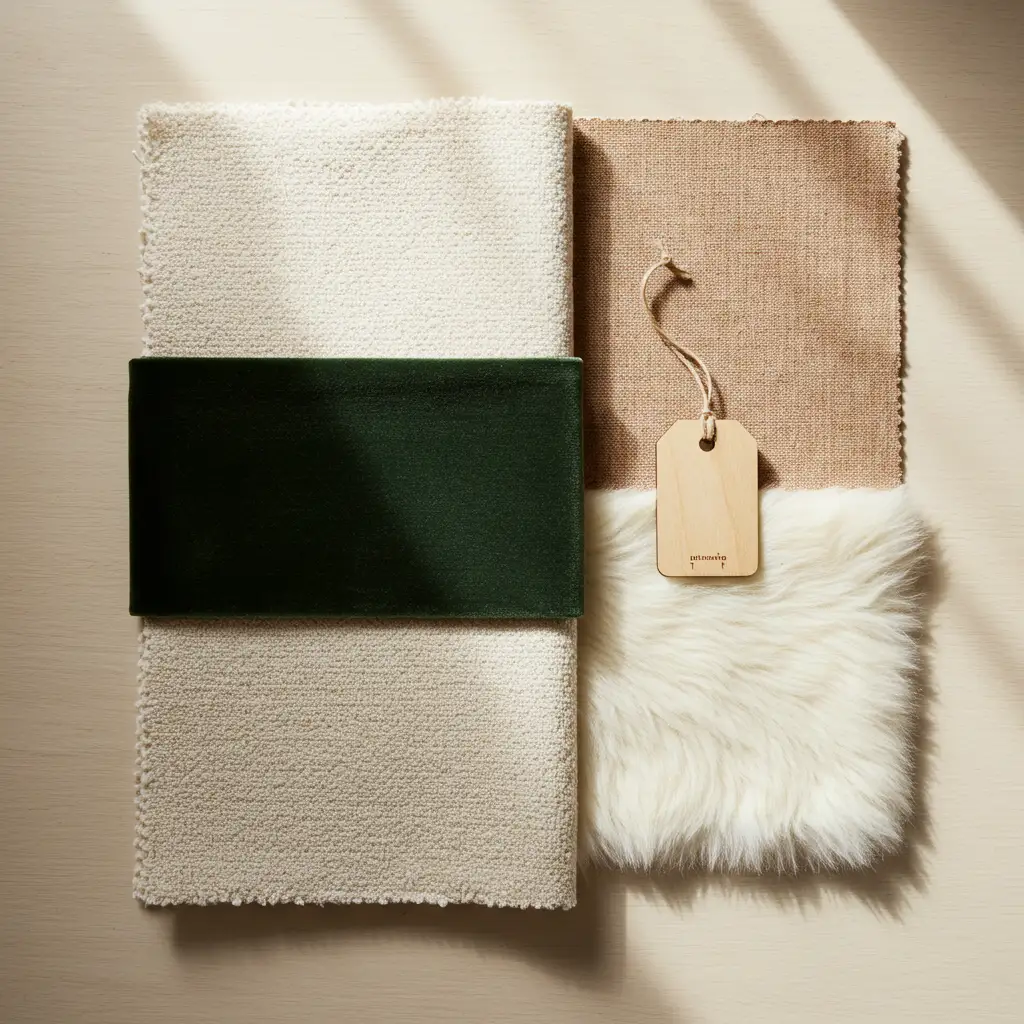 Comparatif de matières textiles pour chambre adulte cosy : bouclette, velours, lin et fausse fourrure présentés en vue de dessus