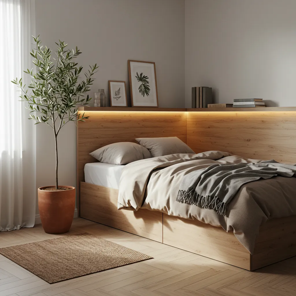 Chambre adulte aménagée avec un budget maîtrisé, mettant en valeur literie de qualité, éclairage LED tamisé et plante naturelle
