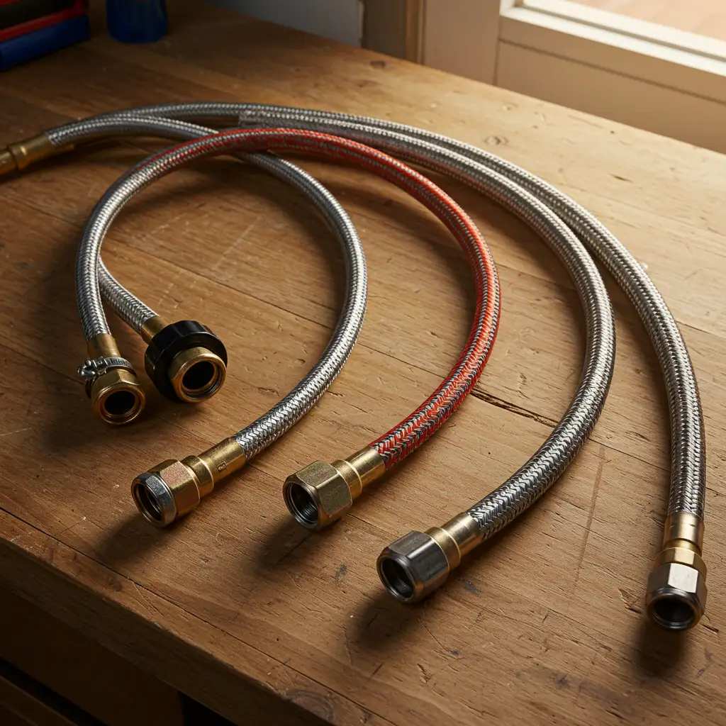 Les trois types de flexibles gaz : tube souple à colliers, élastomère à raccords mécaniques et flexible inox tressé