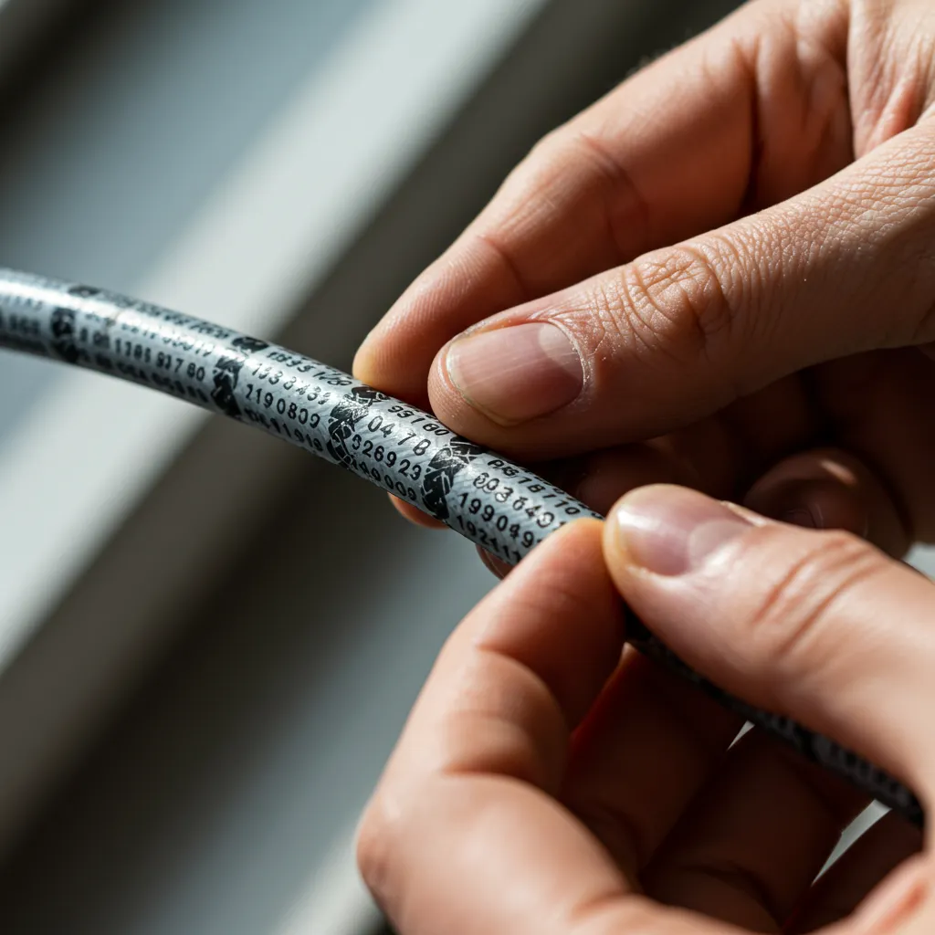 Vérification des marquages de certification sur le corps d'un flexible gaz avant installation