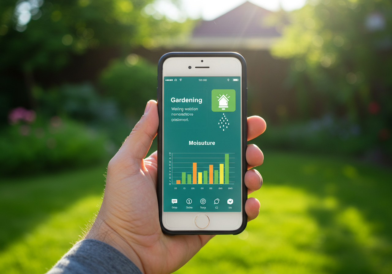 Main tenant un smartphone avec application de pilotage d'arrosage devant un jardin verdoyant