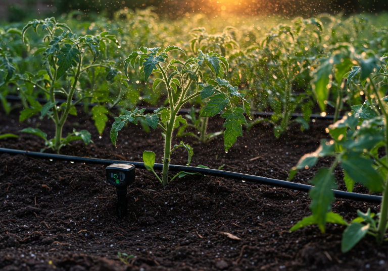Système de goutte-à-goutte intelligent arrosant un potager au crépuscule avec capteur d'humidité planté dans le sol