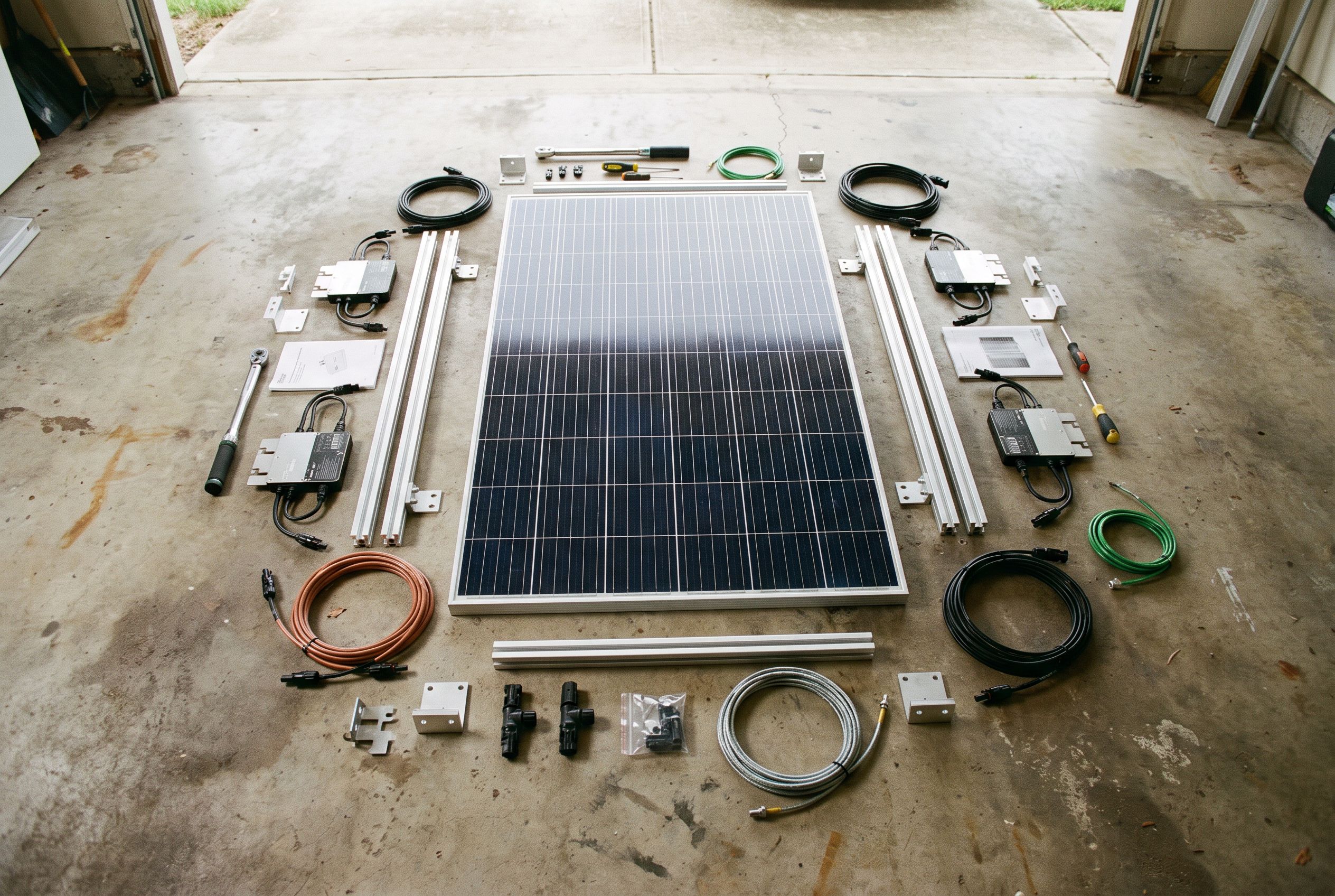 Contenu d'un kit solaire en autoconsommation : panneaux, micro-onduleurs, fixations et câblage