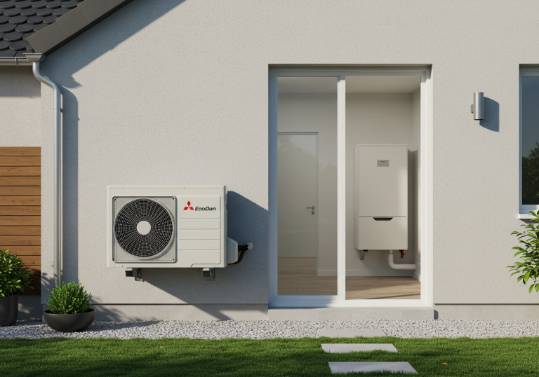 Pompe à chaleur air-eau Mitsubishi Ecodan avec unité extérieure et hydrobox installée sur une maison française