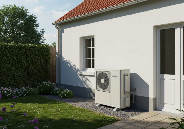 Pompe à chaleur air-eau Vaillant aroTHERM installée à l'extérieur d'une maison française