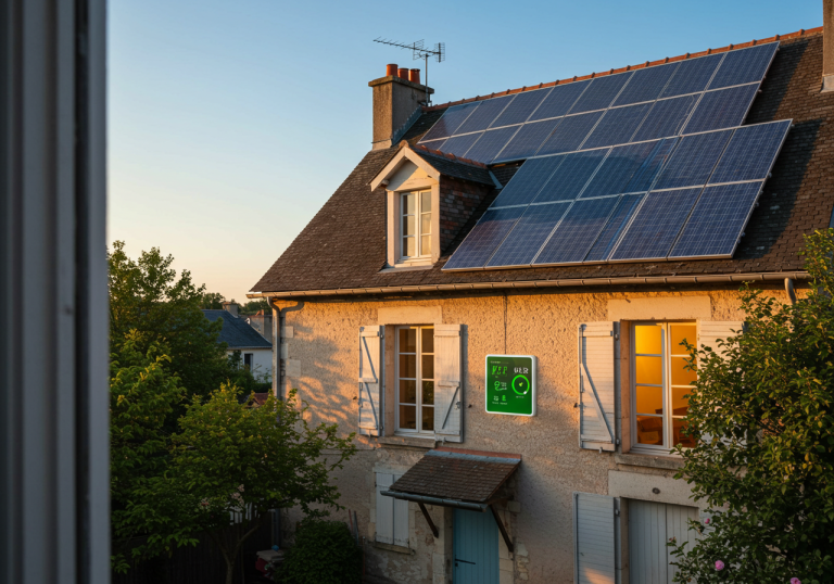 Maison française équipée de panneaux solaires avec système de gestion d'énergie, au coucher du soleil
